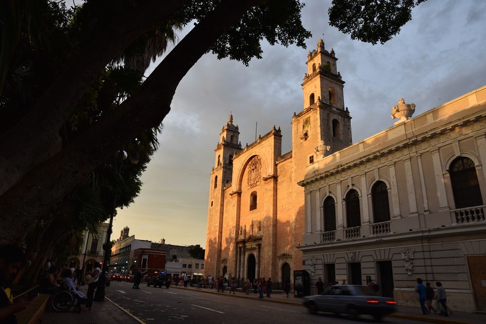 Mérida : la cathédrale du Yucatan ou cathédrale San Ildefonso au coucher du soleil vue depuis le parc de la Plaza Grande ou place centrale (zocalo)