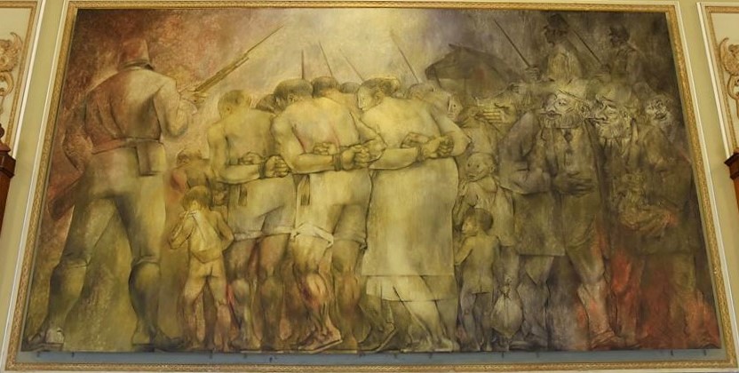 Mérida : la vente des indiens mayas comme esclaves (1848-1861) par le peintre mexicain Fernando Castro Pacheco, exposée au Palais du Gouverneur.