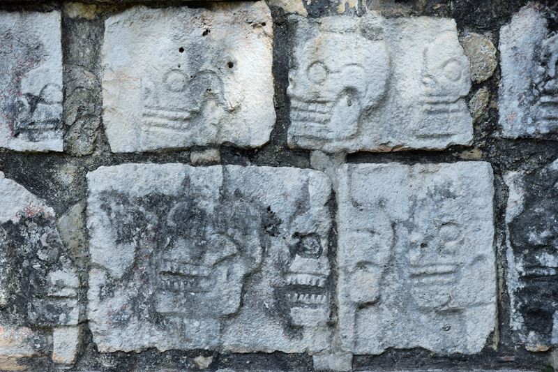 Le tzompantli à Chichen Itza est un pan de mur sculpté représentant des crânes humains empalés sur des piquets, une coutume Maya.