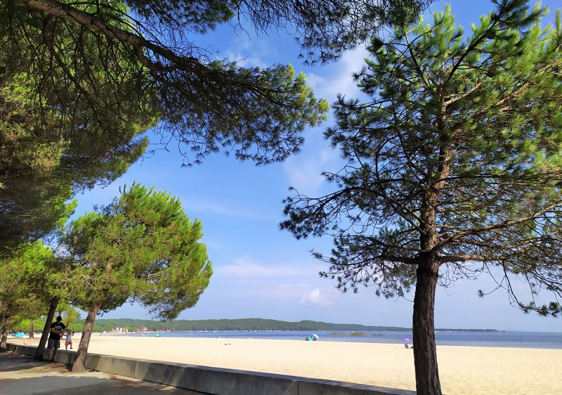 Le lac d'Hourtin et l'une de ses plages vus depuis Maubuisson