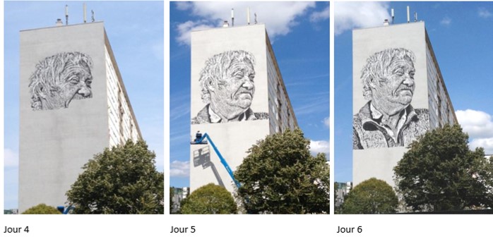 Street-art : Heindrik Beikirch en train de peindre, depuis la nacelle de sa grue, un portrait géant sur le mur d'un immeuble de la résidence du Grand Parc à Bordeaux (France)