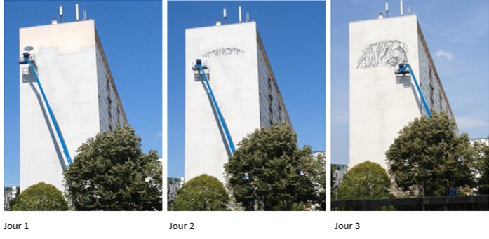 Street-art : Heindrik Beikirch en train de peindre, depuis la nacelle de sa grue, un portrait géant sur le mur d'un immeuble de la résidence du Grand Parc à Bordeaux (France)