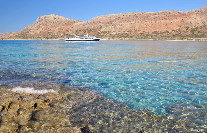 Un ferry dans les eaux translucides du lagon de Balos Beach