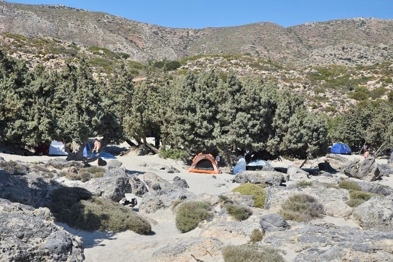Zone de camping sauvage sur l'une des plages de Kedrodasos, sous les genévriers et aux pieds de la montagne crétoise