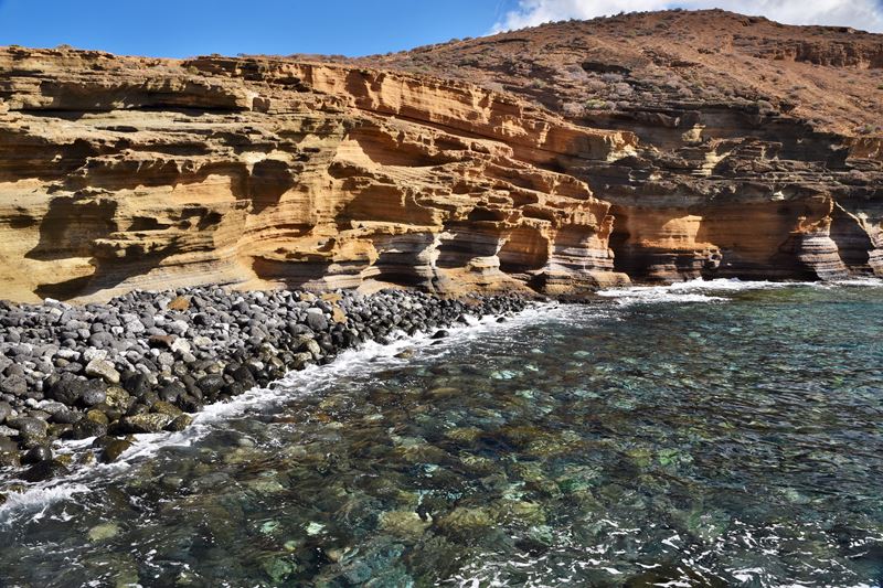 La playa de la Montaña Amarilla, ses rochers, ses falaises jaunes et sa mer verte