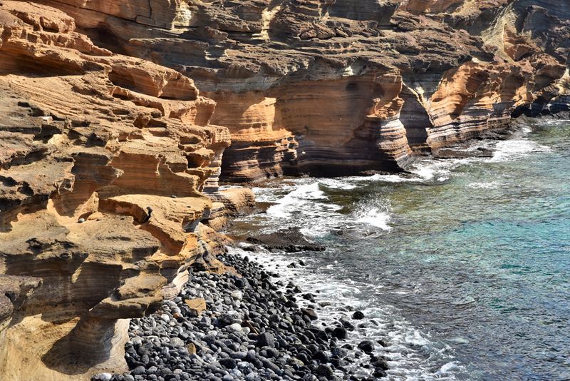La playa de la Montaña Amarilla, ses rochers, ses falaises jaunes et sa mer verte