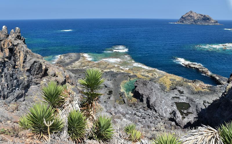 Vue sur la mer, sur la végétation et sur des petites piscines naturelles à l'entrée de la ville de Garachico